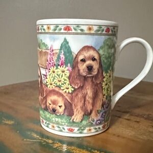 VTG Queen’s Fine Bone China Mug with puppy dogs, cottage & floral Cocker Spaniel